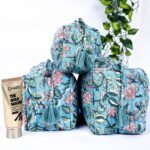 Block Print Toiletry Bags Set | 100% Cotton Quilted Makeup Pouch Trio | Jaipur Handcrafted Travel Case