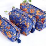 Cosmetic Pouch Set of 3 Cotton Quilted | Handmade Blocks Print Toiletry Bags | Block Print Makeup Pouches | Gift For Her