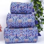 Cotton Travel Pouch Set  Handmade Quilted Toiletry Bag Set of 3  Block Print Design
