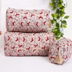 Eco-Friendly Makeup Bags  Cotton Quilted Toiletry Set  Bohemian Block Print Cosmetic Case