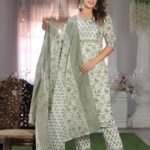 Green Leaf Floral Print Cotton Suit Set