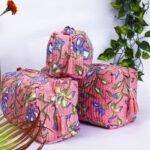 Handmade Cotton Makeup Bags Set of 3 | Indian Block Print Toiletry Organizers | Travel Pouches