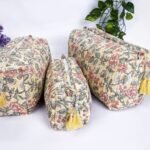 Natural Cotton Cosmetic Bags Set  Hand Quilted Toiletry Organizer  Bohemian Travel Gift