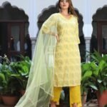 Yellow And Grey Phool Cotton Suit Set