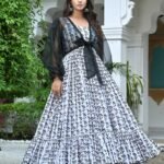 BLACK JACKET WITH OFFWHITE GREY FLORAL LONG DRESS